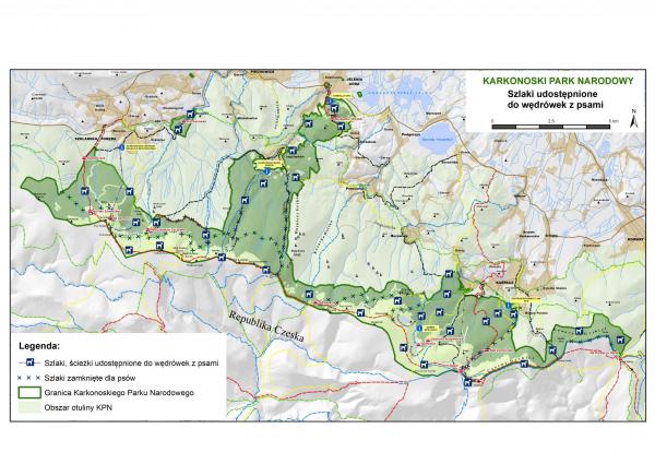 Mapa szlaków w Karkonoskim Parku Narodowych udostępnianych dla psów